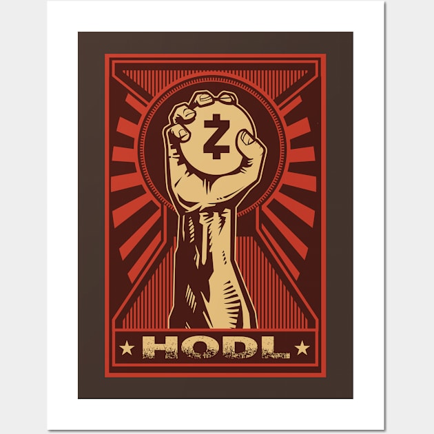 HODL Zcash Coin: Propaganda style triumphant fist clutching a Zcash coin Wall Art by DesignbyDarryl